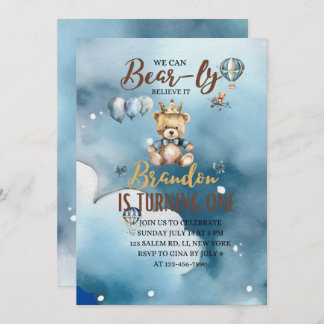 We Can Bearly Wait, Bear, Brown, Blue, Birthday Announcement