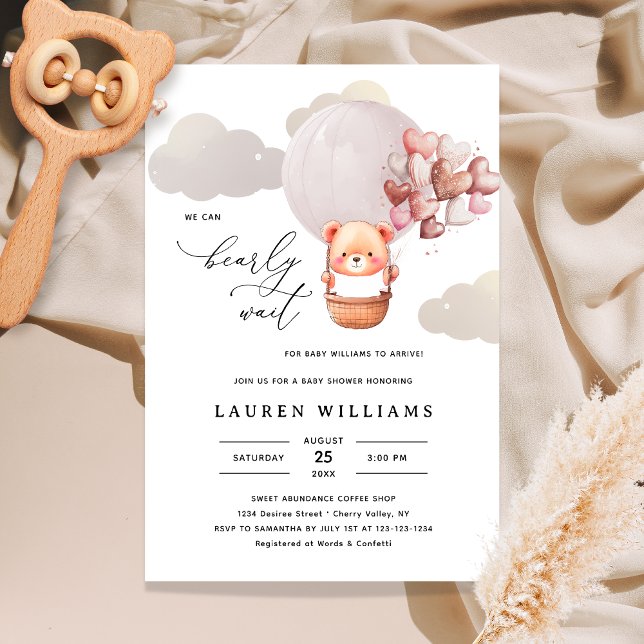 We Can Bearly Wait Bear Elegant Girl Baby Shower  Invitation (Creator Uploaded)