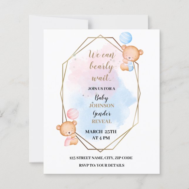 We can bearly wait, bear gender reveal invitation (Front)