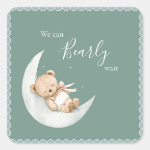We Can Bearly Wait Bear Green Baby Shower Square Sticker