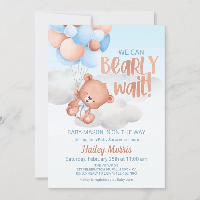 We Can Bearly Wait, Bear Invitation, Baby shower,  Invitation (Front)