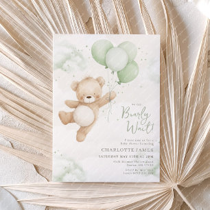 We can Bearly Wait! Bear Sage Balloon Baby Shower Invitation