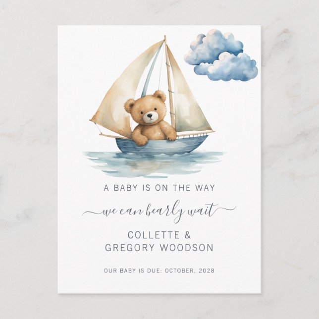 We Can Bearly Wait Bear Sailboat Boat Pregnancy  Announcement Postcard (Front)