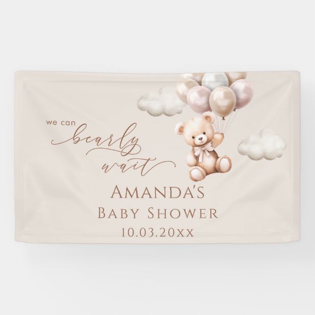 We Can Bearly Wait Bear With Balloons Baby Shower Banner (Horizontal)