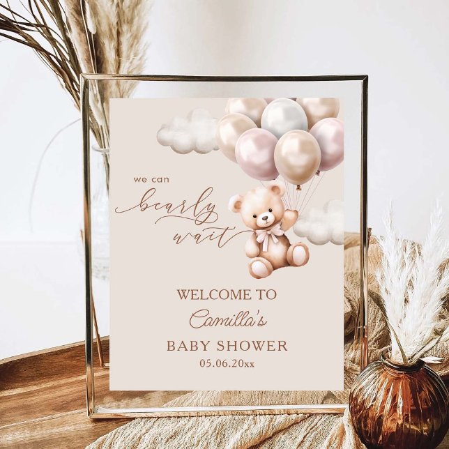 We Can Bearly Wait Bear With Balloons Baby Shower Poster (Creator Uploaded)
