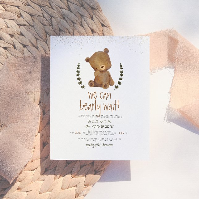 We Can Bearly Wait Bear Wreath & Gold Baby Shower Postcard (Creator Uploaded)