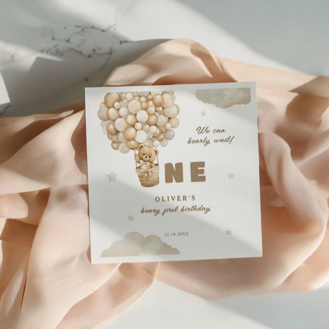  We Can Bearly Wait Beige Balloons 1st Birthday Napkin (Creator Uploaded)