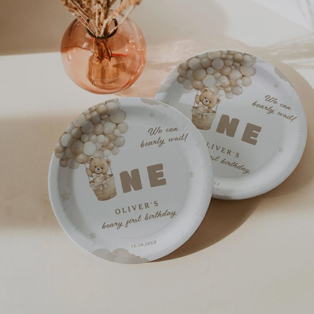 We Can Bearly Wait Beige Balloons 1st Birthday Paper Plate (Creator Uploaded)