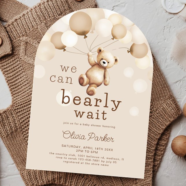 We Can Bearly Wait Beige Brown Bear Baby Shower Invitation (Creator Uploaded)