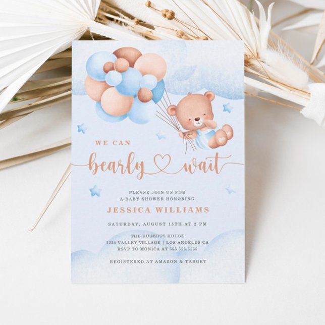 We Can Bearly Wait Blue Baby Shower Invitation (Creator Uploaded)