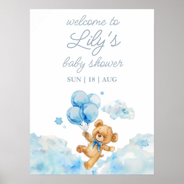 We Can Bearly Wait Blue Baby Shower Welcome Sign (Front)