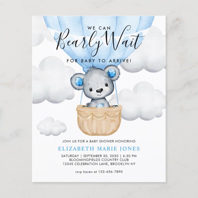 We Can Bearly Wait Blue Balloon Boy Baby Shower (Front)