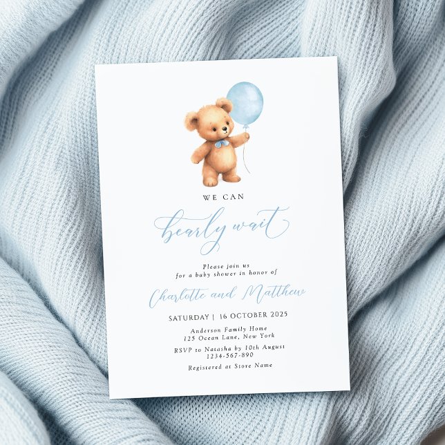 We Can Bearly Wait Blue Balloon Boy Baby Shower Invitation (Creator Uploaded)