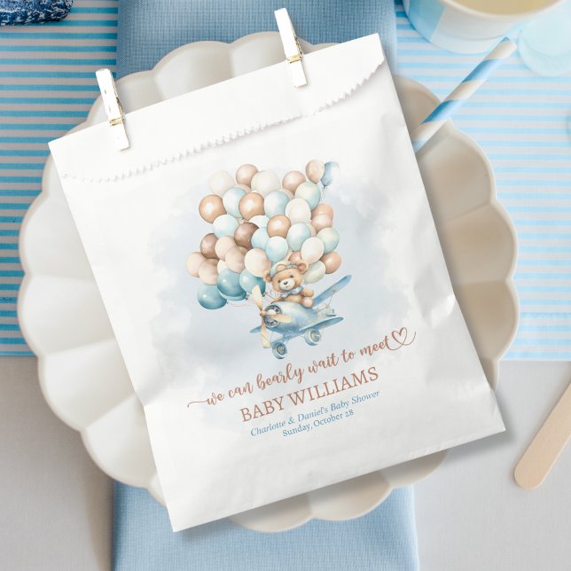 We Can Bearly Wait Blue Balloons Baby Shower Favour Bag (We can bearly wait baby shower gift bags, favor bags)