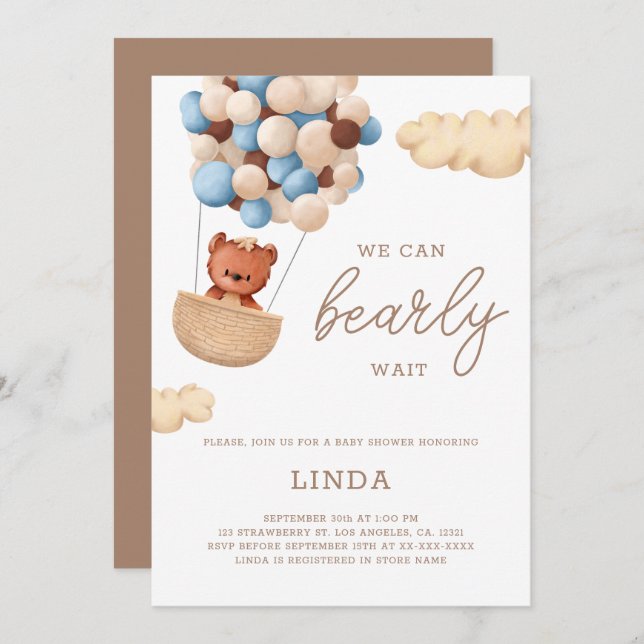 We Can Bearly Wait Blue Balloons Baby Shower Invitation (Front/Back)