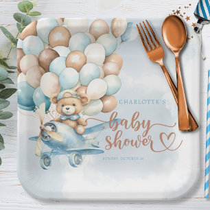We Can Bearly Wait! Blue Balloons Teddy Bear Paper Plate
