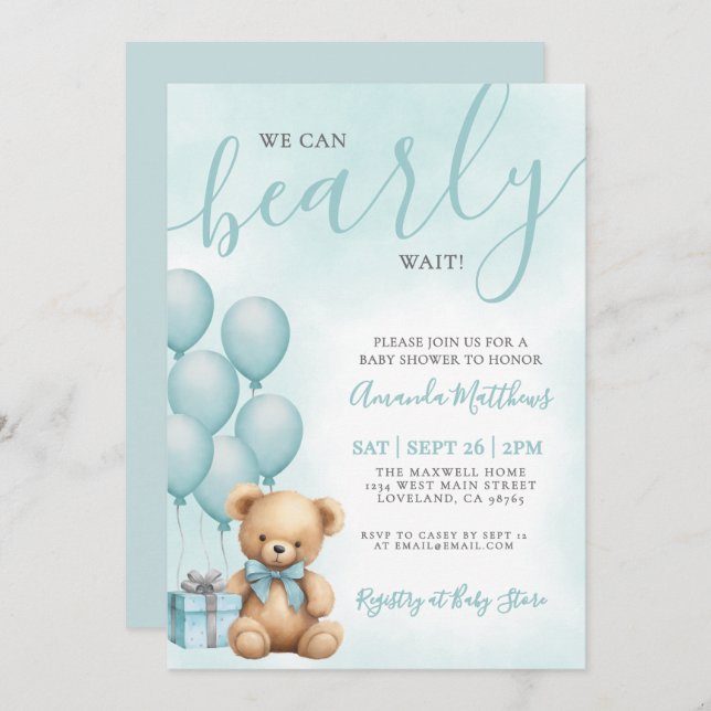 We Can Bearly Wait Blue Bear Baby Shower Invitation (Front/Back)