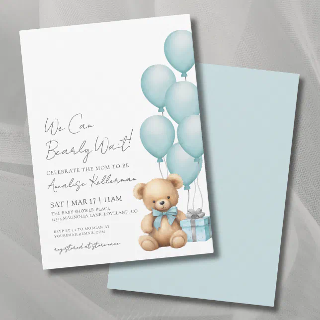 We Can Bearly Wait Blue Bear Baby Shower Invitation | Zazzle