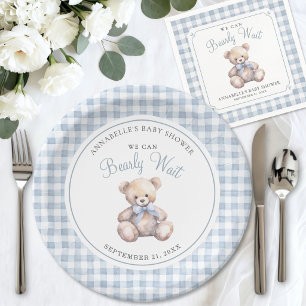 We Can Bearly Wait Blue Bear Baby Shower Paper Plate