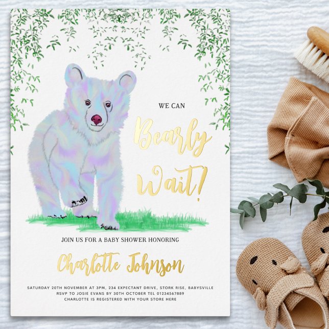We Can Bearly Wait Blue Bear Woodland Floral Gold  (We can bearly wait cute bluewatercolor bear cub gold foil baby shower invitation)