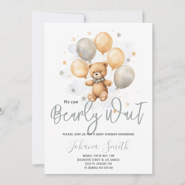 We can Bearly wait Blue Beige Bear Baby Shower Invitation (Front)