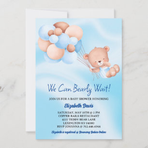 We Can Bearly Wait Blue Beige Boy Baby Shower  Invitation