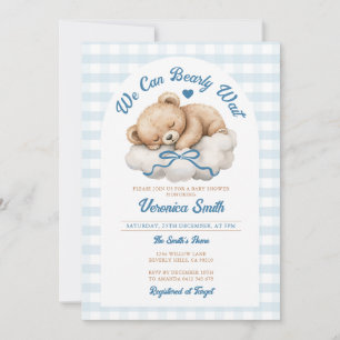 We can bearly wait Blue Bow Bear Boy Baby Shower Invitation
