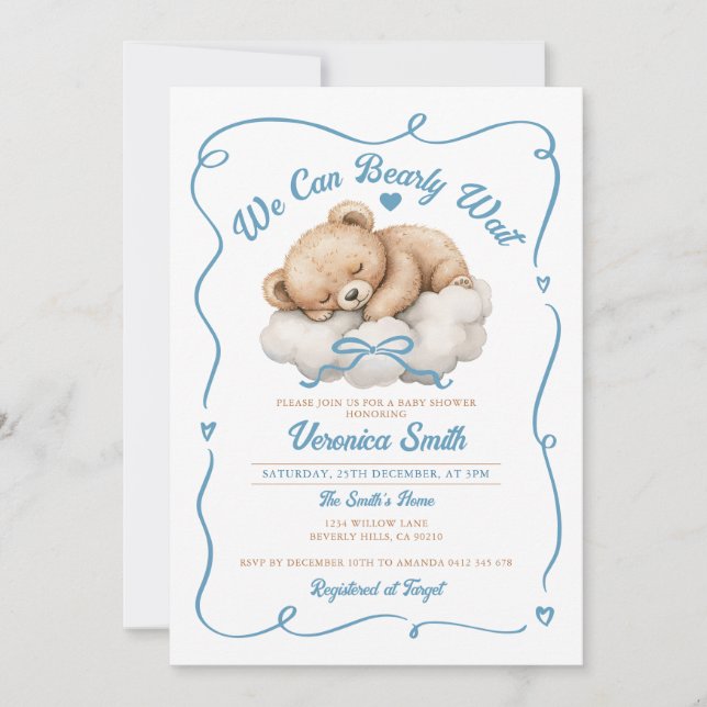 We can bearly wait Blue Bow Bear Boy Baby Shower Invitation (Front)