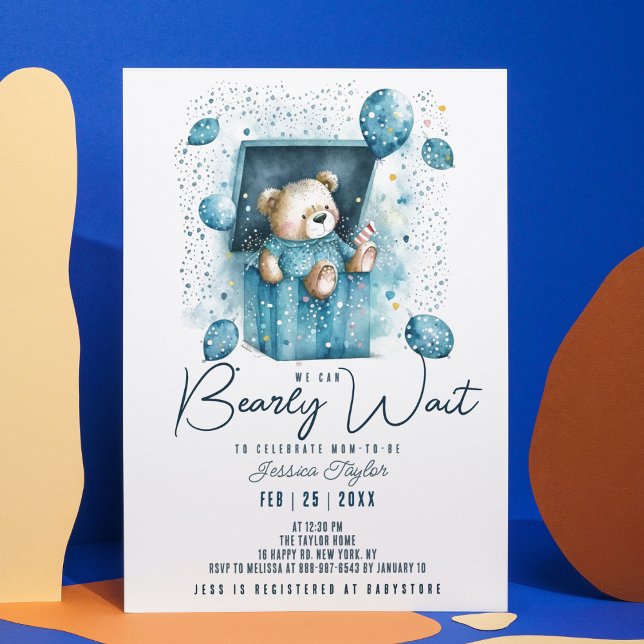 We Can Bearly Wait Blue Box Bear Boy Baby Shower  Invitation (Creator Uploaded)