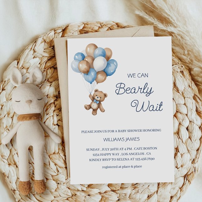 We Can Bearly Wait - Blue & Brown Teddy Bear  Invitation (Creator Uploaded)