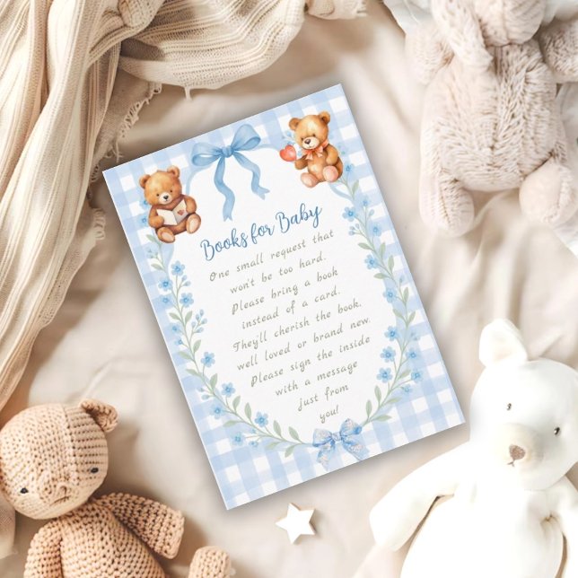 We Can Bearly Wait Blue Floral Gingham Baby Shower Enclosure Card (Creator Uploaded)