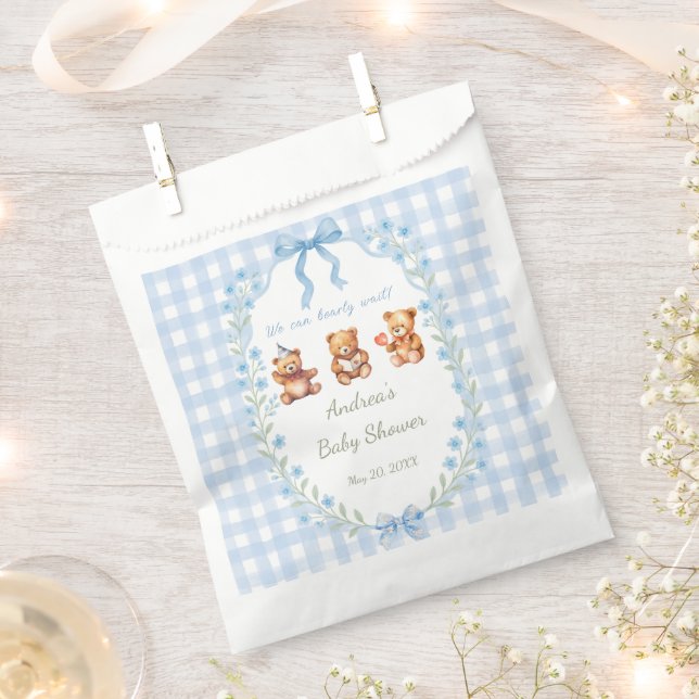 We Can Bearly Wait Blue Gingham Baby Shower  Favour Bag (Clipped)