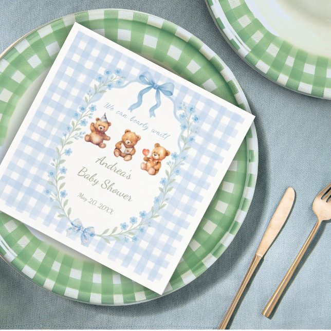 We Can Bearly Wait Blue Gingham Baby Shower  Napkin (Creator Uploaded)