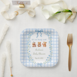 We Can Bearly Wait Blue Gingham Baby Shower  Paper Plate