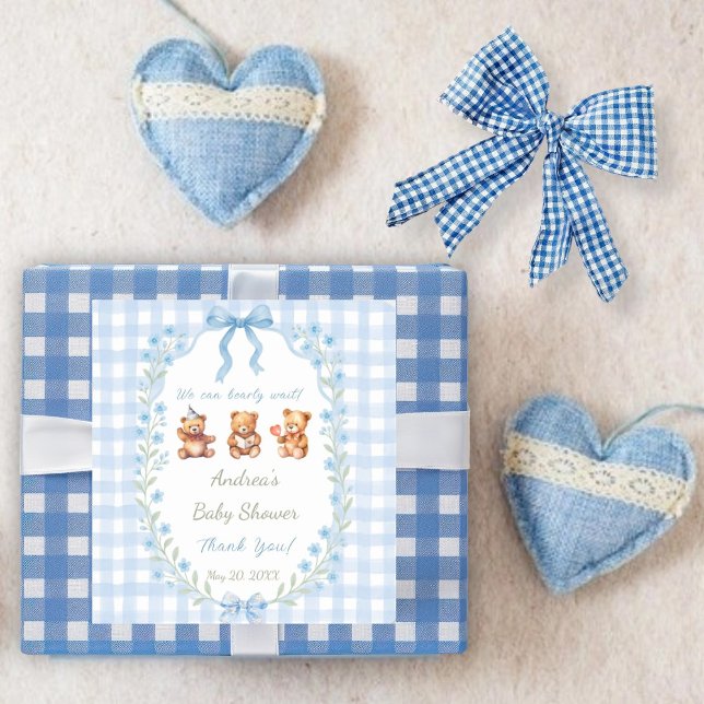 We Can Bearly Wait Blue Gingham Baby Shower  Square Sticker (Creator Uploaded)
