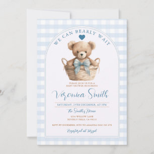 We can bearly wait Blue Gingham Bear Baby Shower Invitation