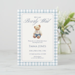 We Can Bearly Wait Blue Gingham pattern shower Invitation