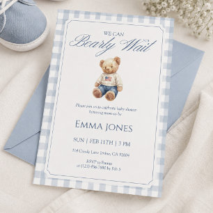 We Can Bearly Wait Blue Gingham pattern shower Invitation