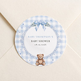 We Can Bearly Wait Blue Gingham Teddy Bear Classic Round Sticker