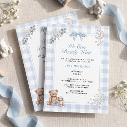 We Can Bearly Wait Blue Gingham Teddy Bear Invitation