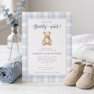 We Can Bearly Wait Blue Plaid Boy Baby Shower Invitation