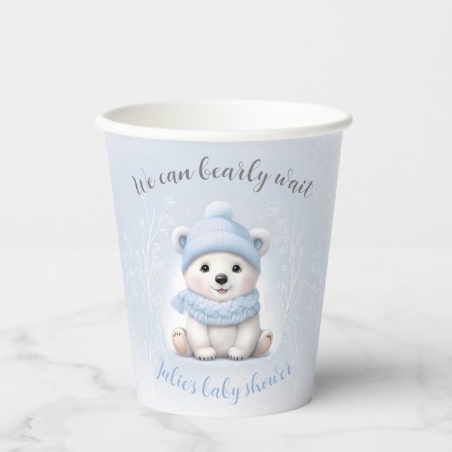 We Can Bearly Wait Blue Polar Bear Baby Shower Paper Cups (Front)