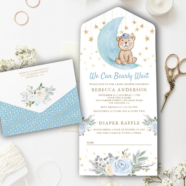 We Can Bearly Wait Blue Teddy Bear Baby Shower All In One Invitation (Creator Uploaded)