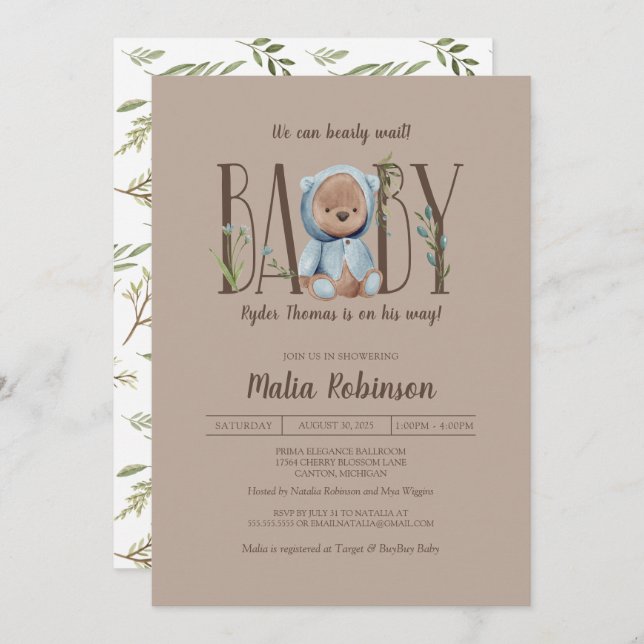 We Can Bearly Wait!  Blue Teddy Bear Baby Shower I Invitation (Front/Back)