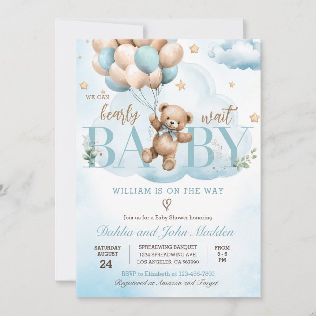 We Can Bearly Wait Blue Teddy Bear Baby Shower Invitation (Front)