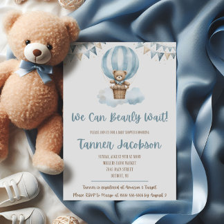 We Can Bearly Wait! Blue Teddy Bear Baby Shower Invitation