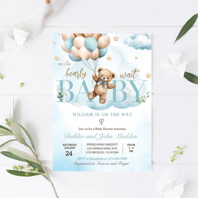 We Can Bearly Wait Blue Teddy Bear Baby Shower Invitation | Zazzle