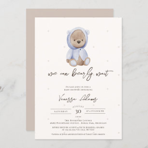 We Can Bearly Wait, Blue Teddy Bear Baby Shower Invitation