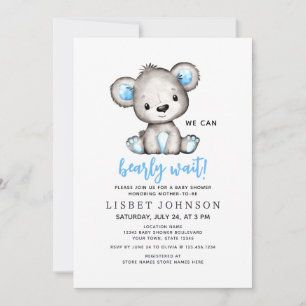 We Can Bearly Wait Blue Teddy Bear Baby Shower Invitation