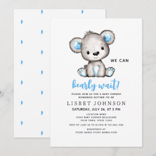We Can Bearly Wait Blue Teddy Bear Baby Shower Invitation